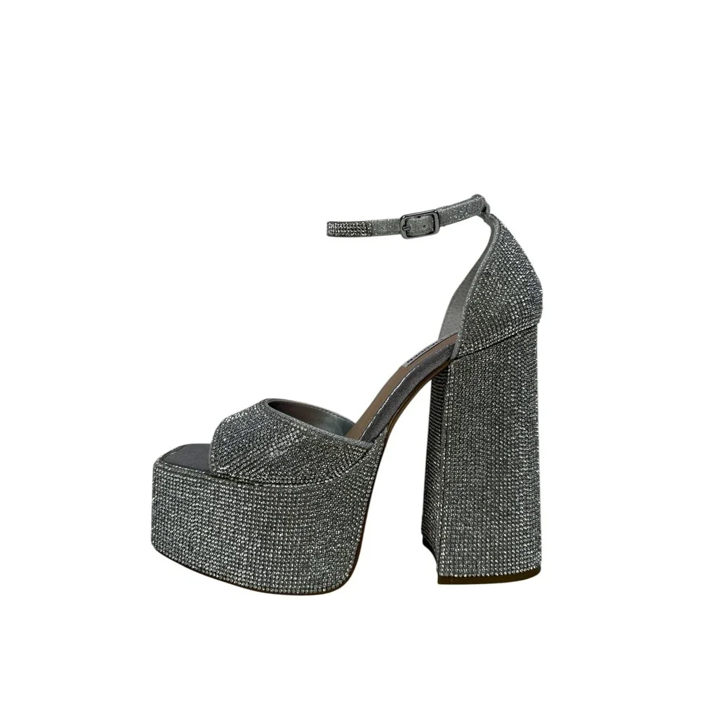 Steve Madden Kassiani Platform Sandals Womens 7‎ M Silver Rhinestone Block Heel